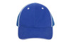 A blue cap with a mesh back, featuring a curved brim and contrasting white piping. It also has a logo.