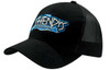A black trucker cap with a mesh back and a logo on the front.