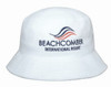 A white bucket hat featuring a logo with red and blue waves, labelled "Beachcomber International Resort."