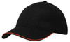 A black cap with an open sandwich peak and contrasting orange trim. It features a logo on the front.
