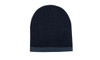 A navy blue beanie with a two-tone design, featuring a rolled-down cuff. It has a logo.
