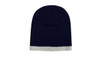 A two-tone acrylic beanie in navy blue with a grey rolled hem, featuring a logo.
