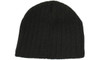 A black cable knit beanie with ribbed texture and a simple design. It features a logo on the side.