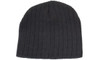 A cable knit beanie in dark grey featuring a ribbed texture and a logo.