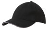 A black cap featuring a sandwich trim and a logo. It has a curved brim and is made of brushed heavy cotton.
