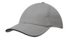 A grey cap with a curved peak and sandwich trim, featuring a logo on the front.