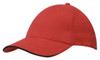 A red cap with a black sandwich trim and a curved visor, featuring a logo on the front.