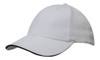 A white cap with a black sandwich trim, featuring a logo on the front.