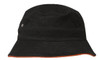 A black bucket hat with an orange trim and a small logo on the side.