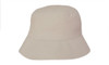 A beige bucket hat with a wide brim, featuring a simple design and a logo on the front.