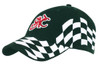A black cap featuring a checkered pattern in white, with an embroidered logo on the front.