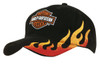 A black cap with flame embroidery in red and orange, featuring a logo on the front.