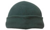 A dark green micro fleece beanie with a folded cuff and a simple design. It features a branding logo.