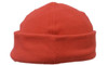 A red micro fleece beanie toque with a folded brim. It features a branded logo.