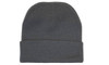 A grey acrylic beanie with a rolled cuff and a simple design, featuring a logo.