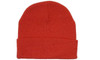 Acrylic beanie in bright red, featuring a fold-over cuff and a textured fabric. Includes a logo.