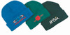 Three acrylic beanies in blue, green, and dark green, featuring various logos on the front.