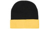 A black and yellow acrylic beanie with a folded cuff, featuring a logo.