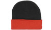 A black and red acrylic beanie with a turned-up brim, featuring a logo on the side.