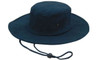 A navy blue brushed heavy cotton hat with a wide brim and an adjustable chin strap. Features a logo.