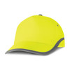 A bright yellow cap with a grey peak and detailing, featuring a logo.