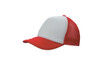 A red and white trucker mesh cap with a solid front panel and mesh sides. Features a rounded brim.