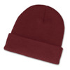 A maroon beanie with a textured finish and folded cuff, featuring a logo on the side.