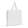 A white cotton tote bag with long handles and a simple design. It features a logo on one side.