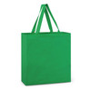 A green cotton tote bag with two handles and a plain design. It features a logo on one side.