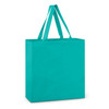 A turquoise cotton tote bag with two handles, designed for promotional use.