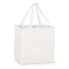 A white tote bag with long handles and a square shape, featuring an attached logo.
