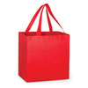 A red tote bag with two handles and a simple design, featuring a logo on one side.