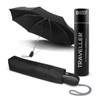 A black automatic umbrella positioned next to its cylindrical storage case. Both feature branding.