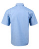 A light blue men's chambray short sleeve shirt with a collar and a logo on the back.