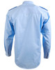 A blue long sleeve button-up shirt featuring epaulettes and a structured back. It has a logo on the collar.