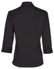 A black women's Teflon executive 3/4 sleeve shirt with a button-up design and a logo on the back.