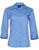 A blue women's button-up shirt with a Teflon finish and 3/4 sleeves, featuring a collar and buttons.