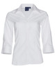 A women's white Teflon executive 3/4 sleeve button-up shirt, featuring a collar and a logo on the tag.