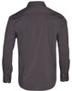 A dark grey long sleeve button-up shirt with a back yoke and cuffed sleeves, featuring a logo.