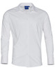 A white long sleeve button-up shirt with a pocket and an attached logo on the collar.