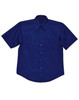 A navy short sleeve button-up shirt with a collar and one chest pocket, featuring a logo.