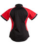 A women's button-up shirt featuring a black body and red contrast panels, with white piping details.