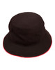 A black bucket hat with contrast red trim and a logo on the side.