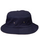 A navy blue bucket hat with a wide brim and two metallic vents on the sides. It has a simple design and a logo.