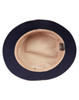 A navy blue bucket hat with a light-coloured interior, featuring a branding label inside.
