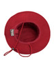 A red bucket hat with a wide brim and an internal chin strap. It has a label inside and features a logo.