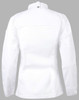A white chef jacket featuring long sleeves and a button closure at the neck. Includes a branding logo on the sleeve.