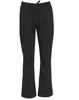 Black functional chef pants with an elastic waistband and a side pocket. Features a simple design and a logo.