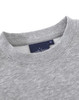 A grey crew fleece jumper with a round neckline and a tag featuring logos.