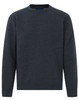 A dark grey crewneck sweatshirt with long sleeves and a simple design. It features a logo on the neckline.